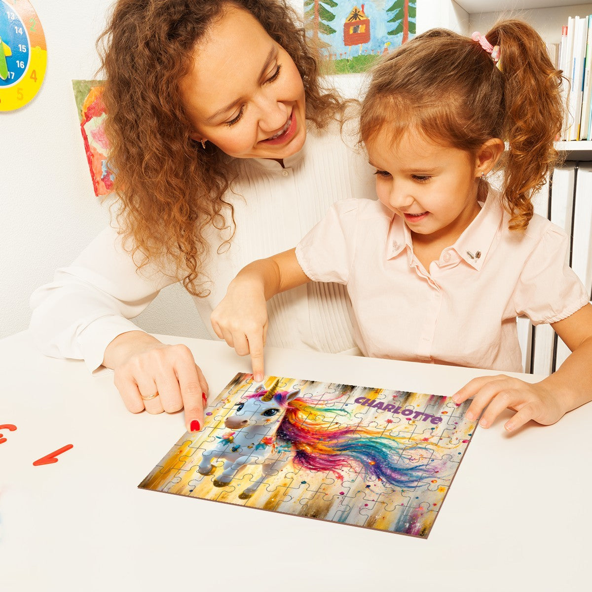 Personalized Rainbow Unicorn Wooden Puzzle with Name | 3D Unicorn, Gold Horn, Rainbow Mane, Watercolor Background | 60 Pieces | Custom Gift for Girls