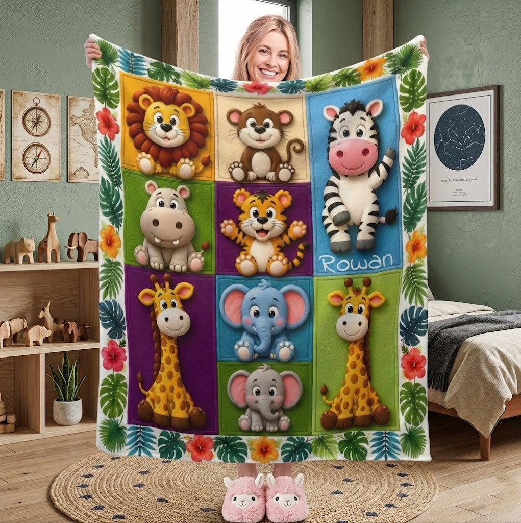 Personalized Safari Animals Blanket with Name | 3D Cartoon Grid Design | Custom Kids Gift