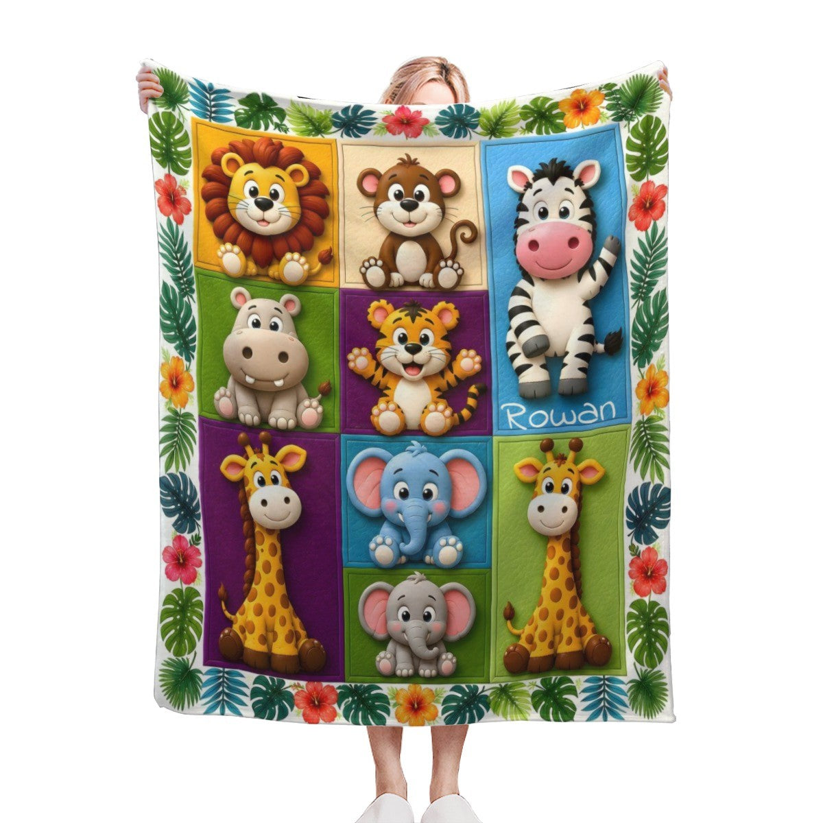 Personalized Safari Animals Blanket with Name | 3D Cartoon Grid Design | Custom Kids Gift