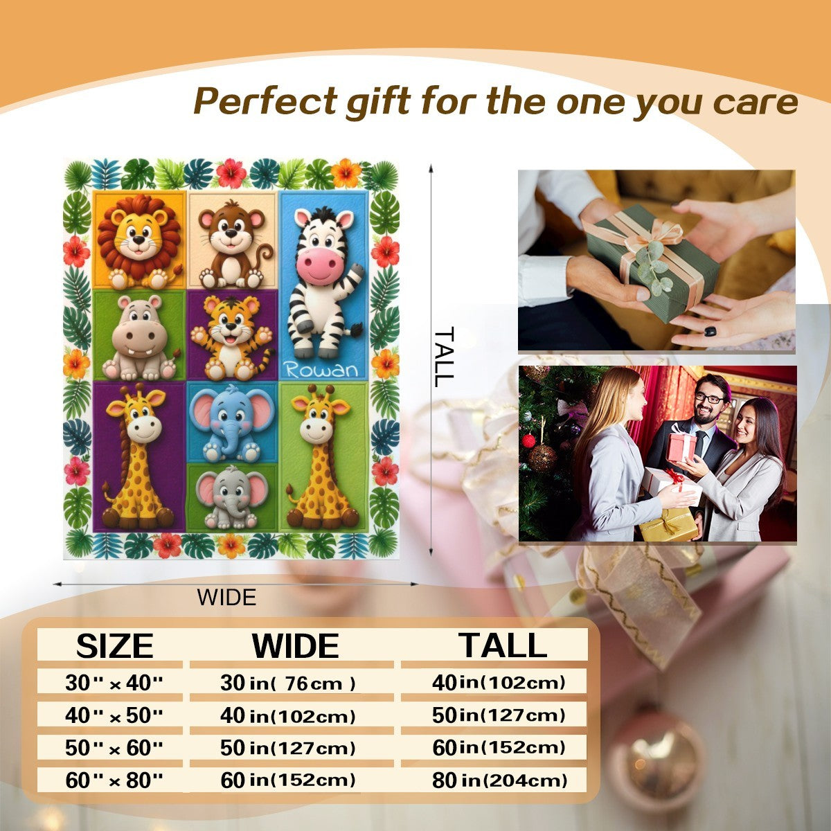Personalized Safari Animals Blanket with Name | 3D Cartoon Grid Design | Custom Kids Gift