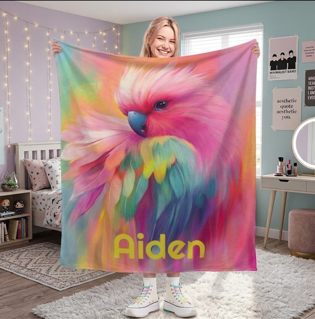 Personalized Rainbow Parrot Blanket with Name | Vibrant Bird Lover Gift | Custom Parrot Owner Gift