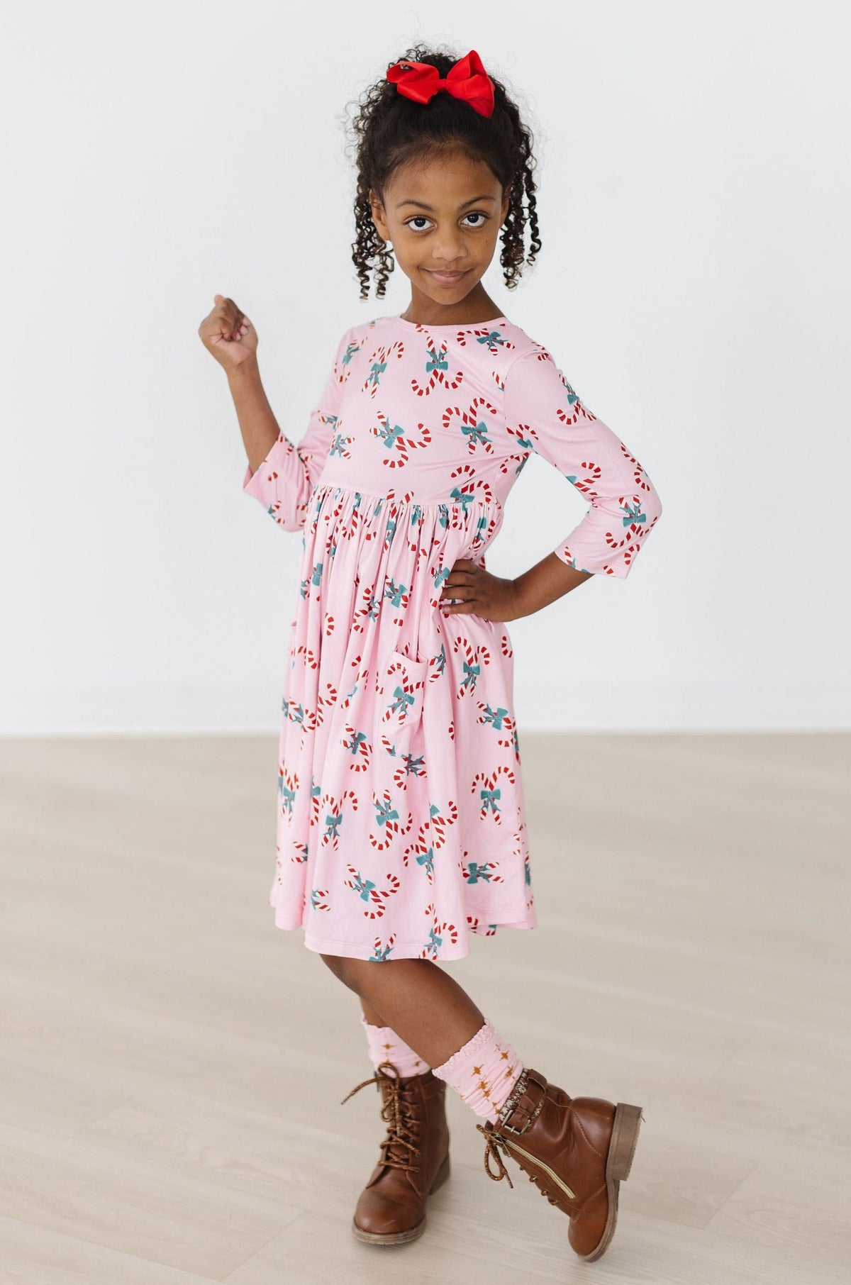Candy Cane Cutie 3/4 Sleeve Pocket Twirl Dress - Image 4