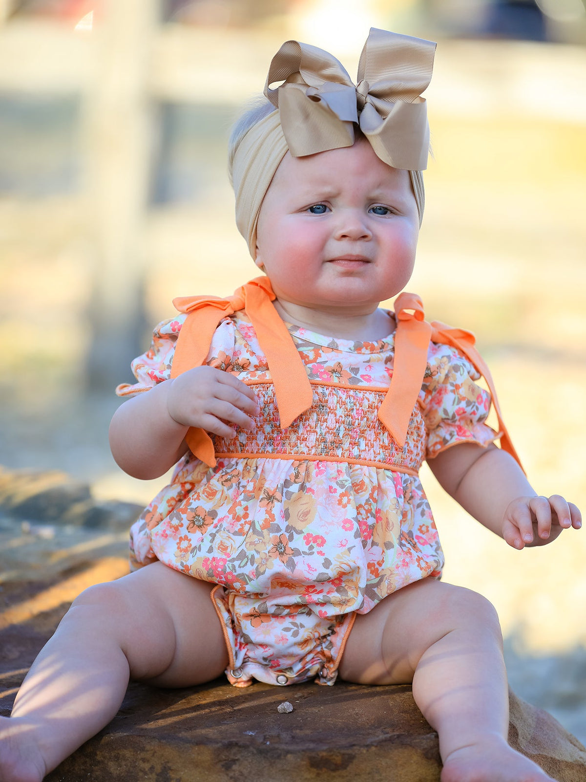 Rylee Faith Designs - Peach Bow Smocked Floral Baby Bubble - alternate view 2
