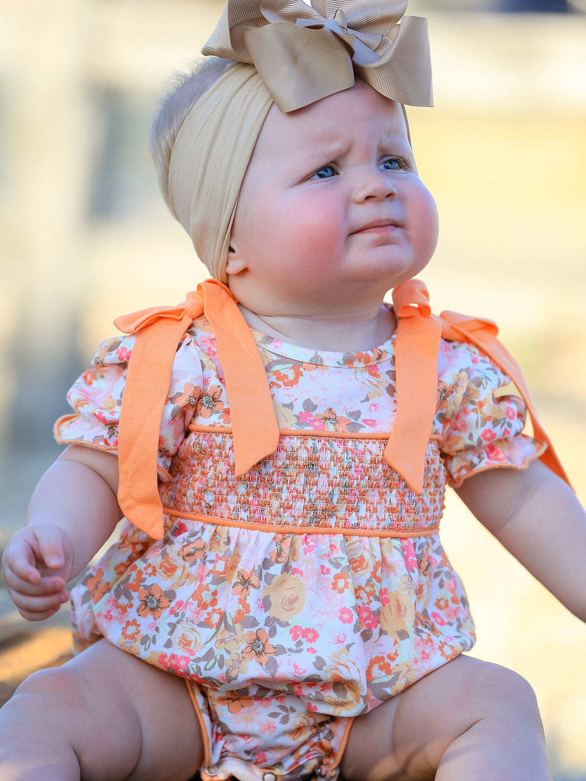 Rylee Faith Designs - Peach Bow Smocked Floral Baby Bubble
