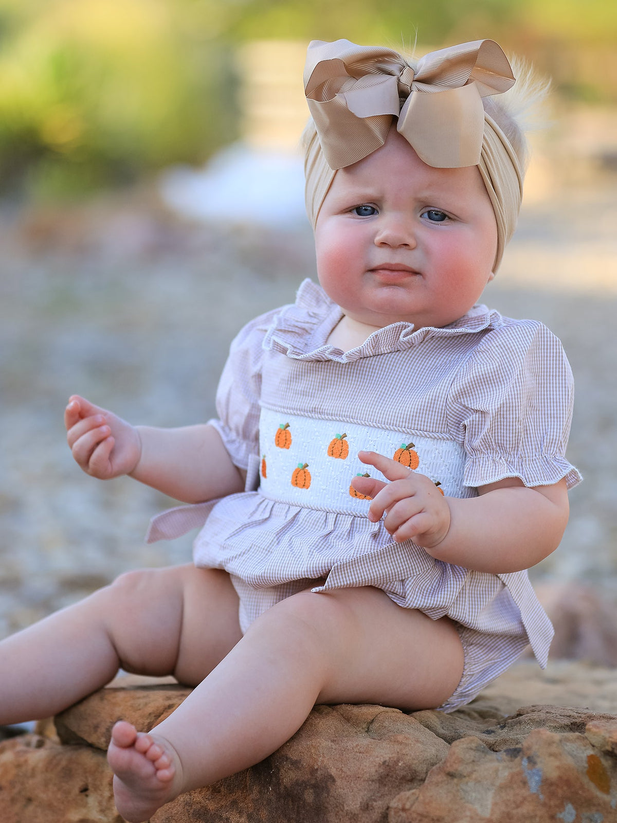 Rylee Faith Designs - Fall Halloween & Thanksgiving Pumpkin Embroidery Smock Plaid Baby Girl Romper - alternate view 2