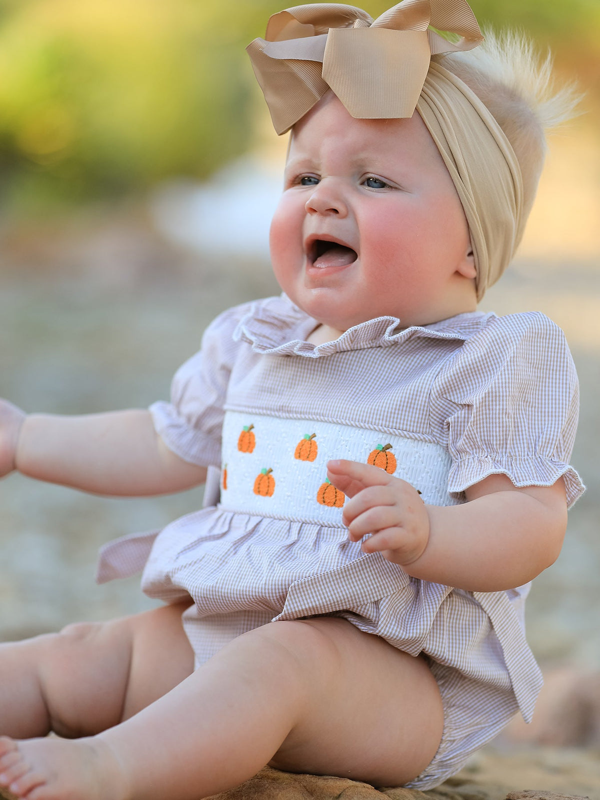 Rylee Faith Designs - Fall Halloween & Thanksgiving Pumpkin Embroidery Smock Plaid Baby Girl Romper - alternate view 3