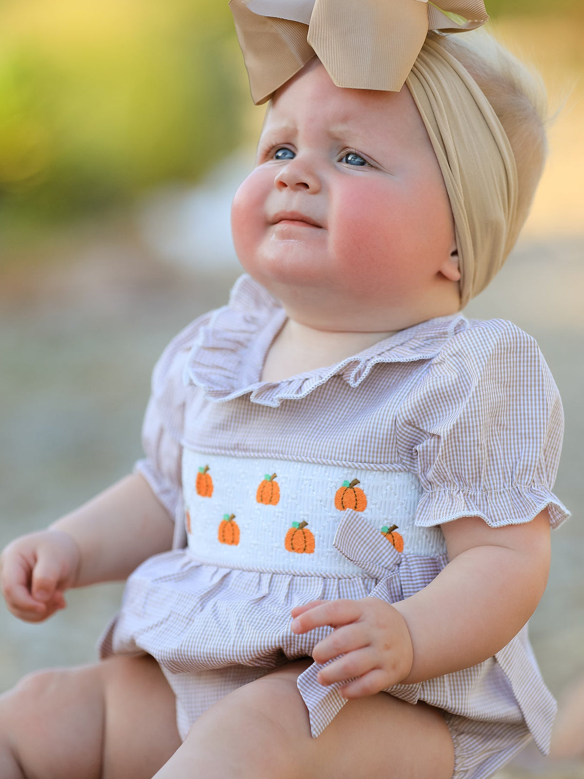 Rylee Faith Designs - Fall Halloween & Thanksgiving Pumpkin Embroidery Smock Plaid Baby Girl Romper