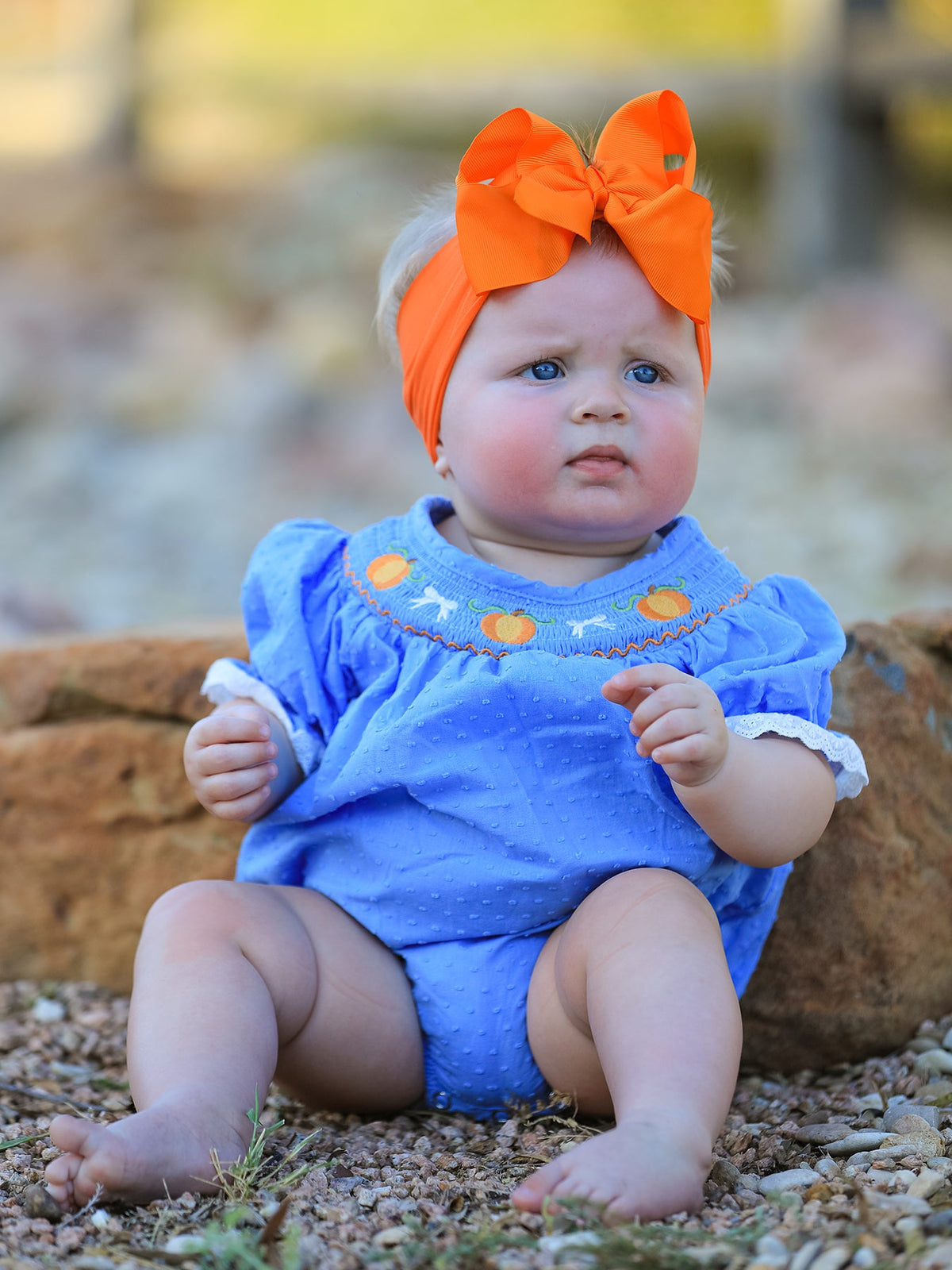 Rylee Faith Designs - Halloween Thanksgiving Pumpkin Smocked Bubble Romper