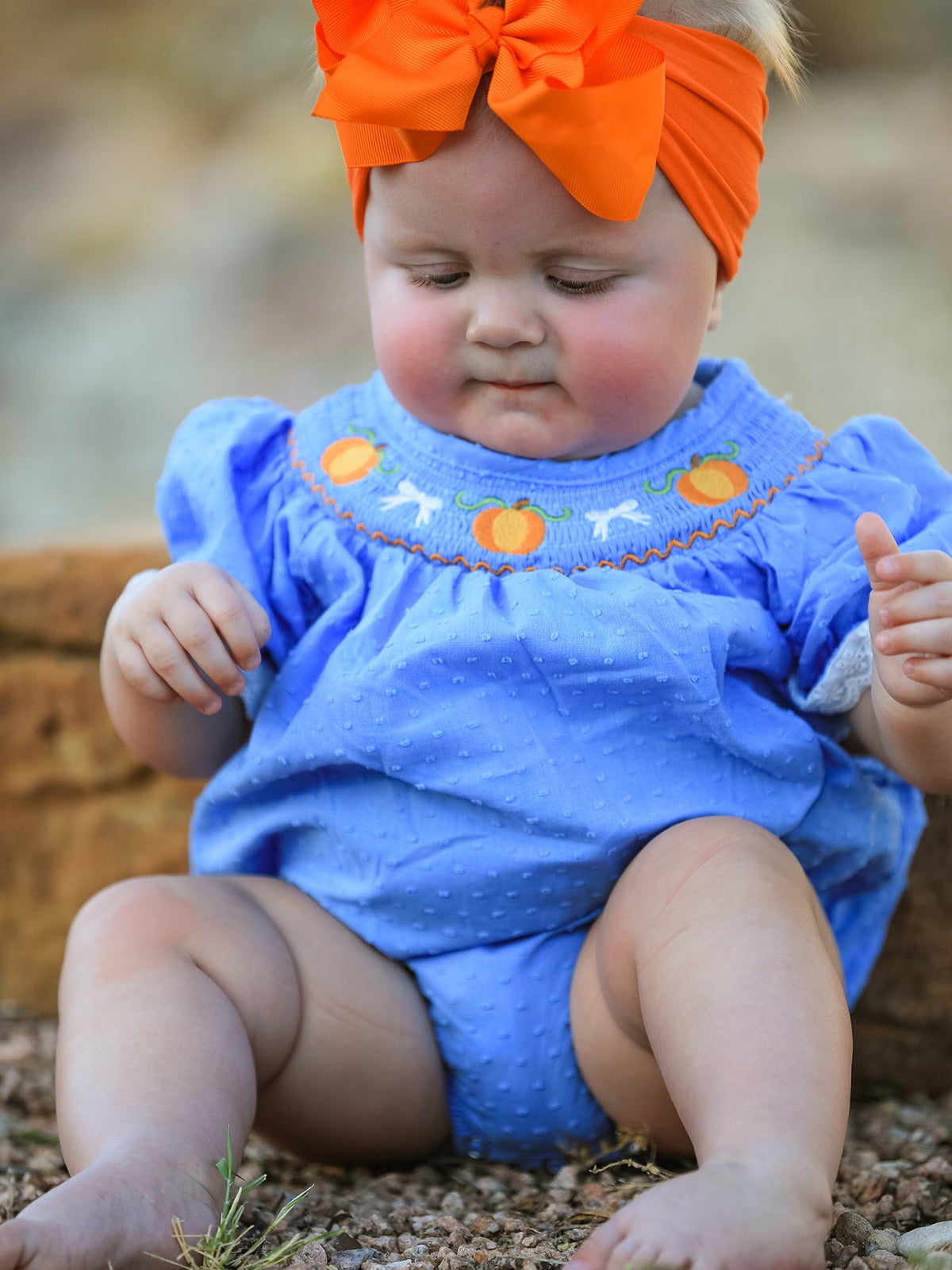 Rylee Faith Designs - Halloween Thanksgiving Pumpkin Smocked Bubble Romper - alternate view 3