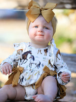 Rylee Faith Designs - Western Horse Girls Romper Bow Ruffle Long Sleeve