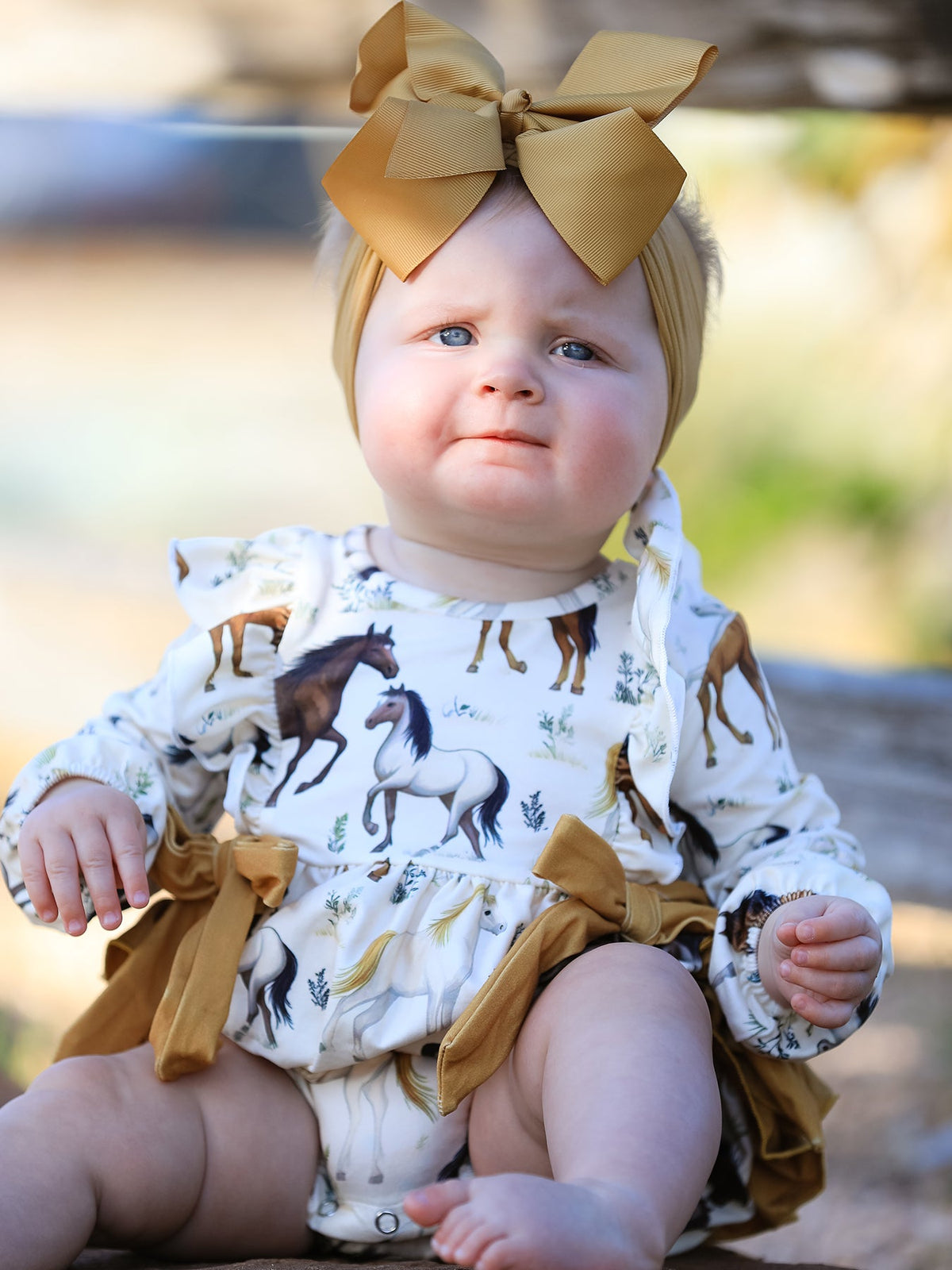 Rylee Faith Designs - Western Horse Girls Romper Bow Ruffle Long Sleeve