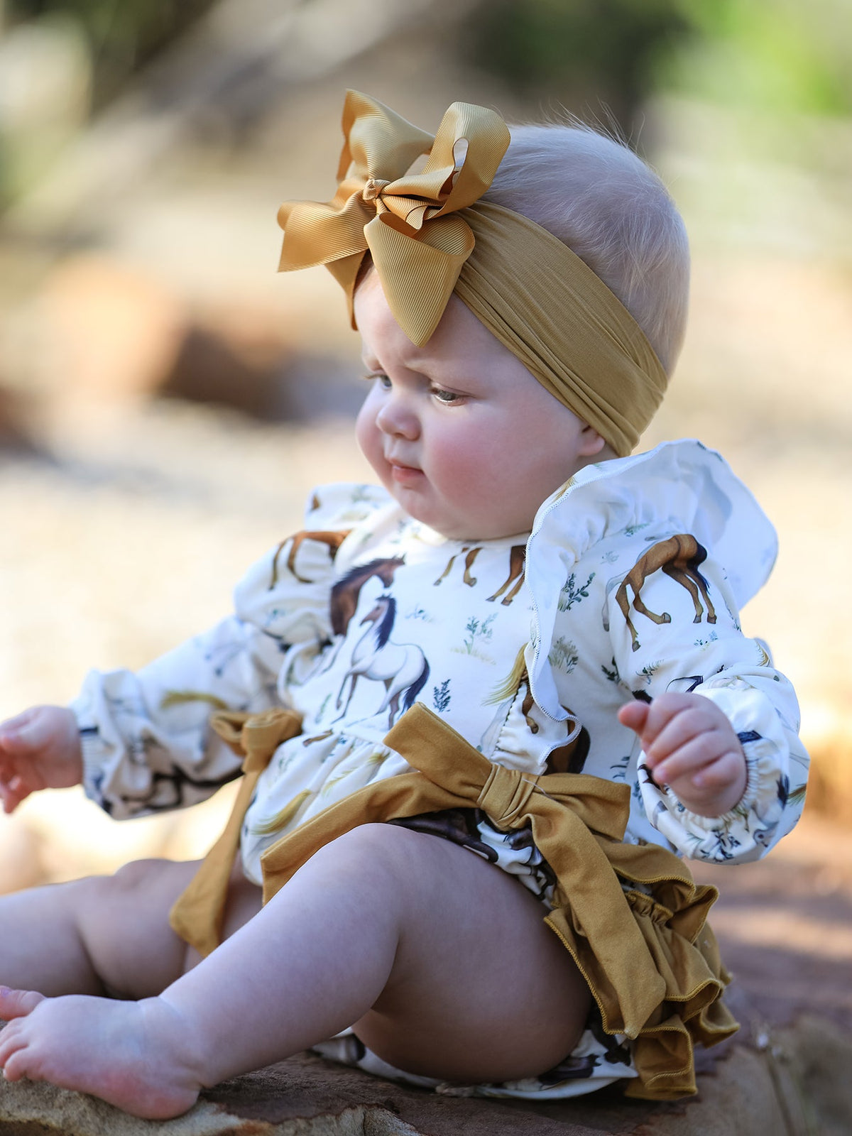 Rylee Faith Designs - Western Horse Girls Romper Bow Ruffle Long Sleeve - alternate view 3
