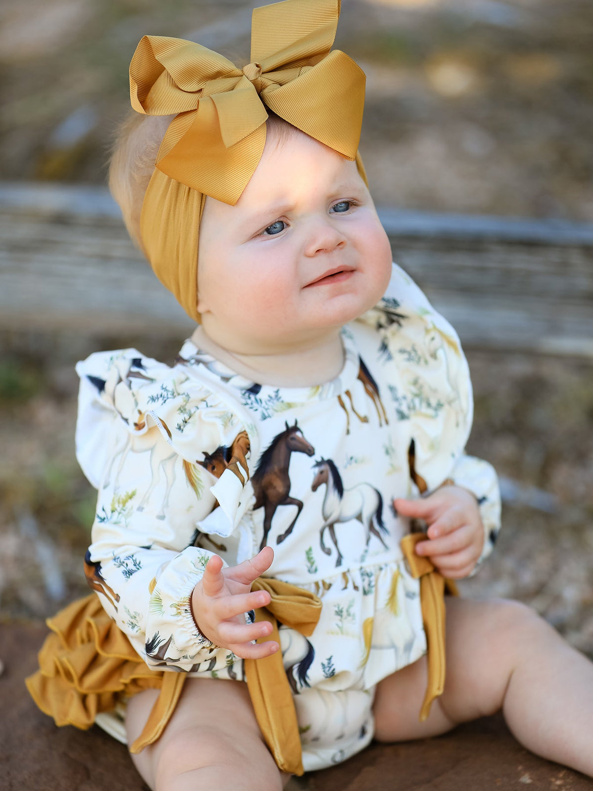 Rylee Faith Designs - Western Horse Girls Romper Bow Ruffle Long Sleeve - alternate view 5