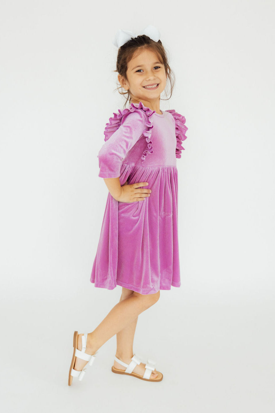 Carnation Pink Velvet Ruffle Twirl Dress - Image 2