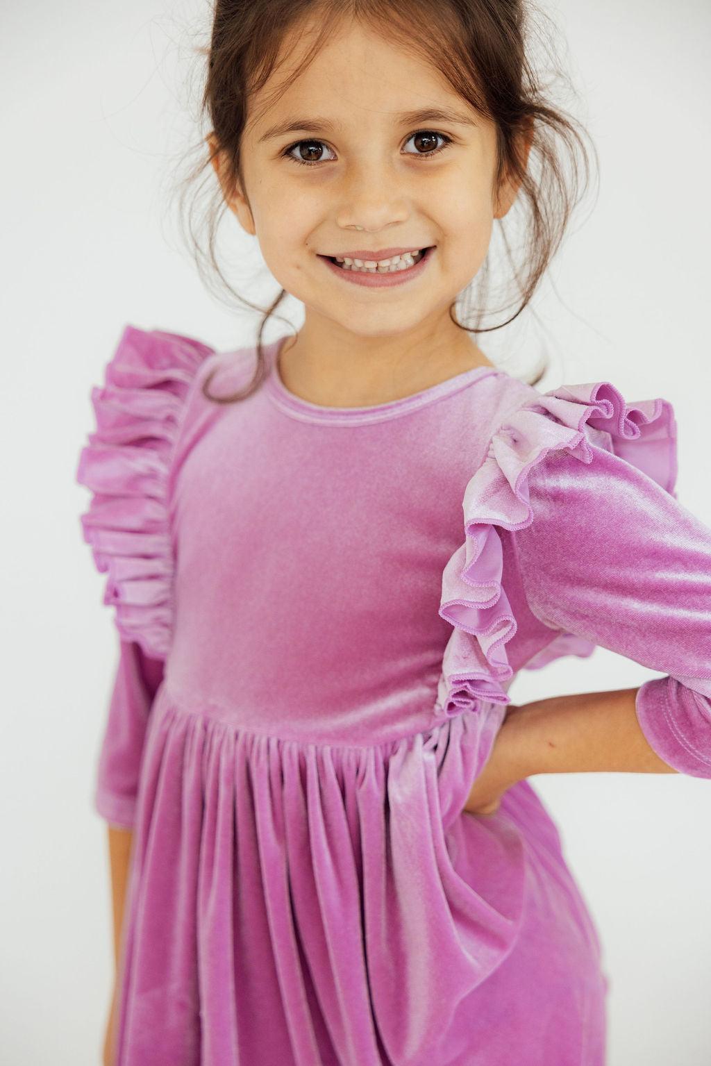 Carnation Pink Velvet Ruffle Twirl Dress - Image 3