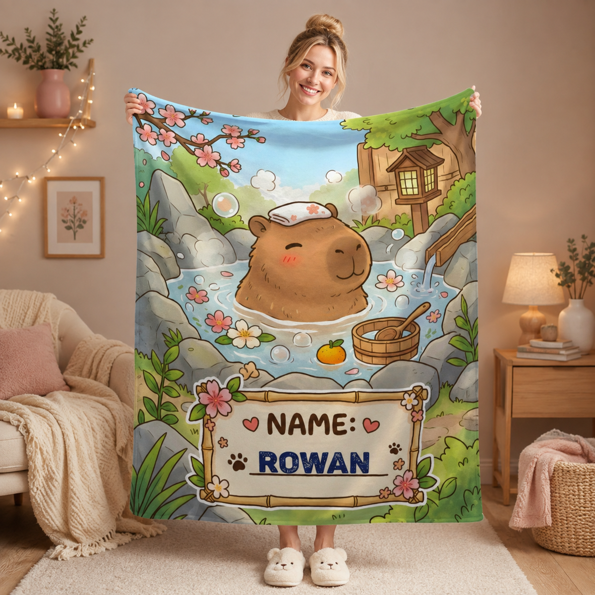 Personalized Capybara Hot Spring Blanket with Name | Kawaii Capybara in Japanese Onsen, Cherry Blossoms, Name on Bamboo Sign | Custom Gift for Capybara Lovers