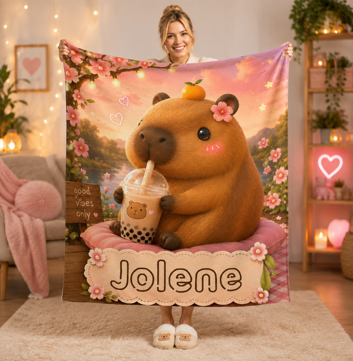 Personalized Capybara Blanket with Name - Kawaii Capybara Boba Tea Full-Print Flannel Throw with Name in Scalloped Banner - Custom Gift for Teen Girls