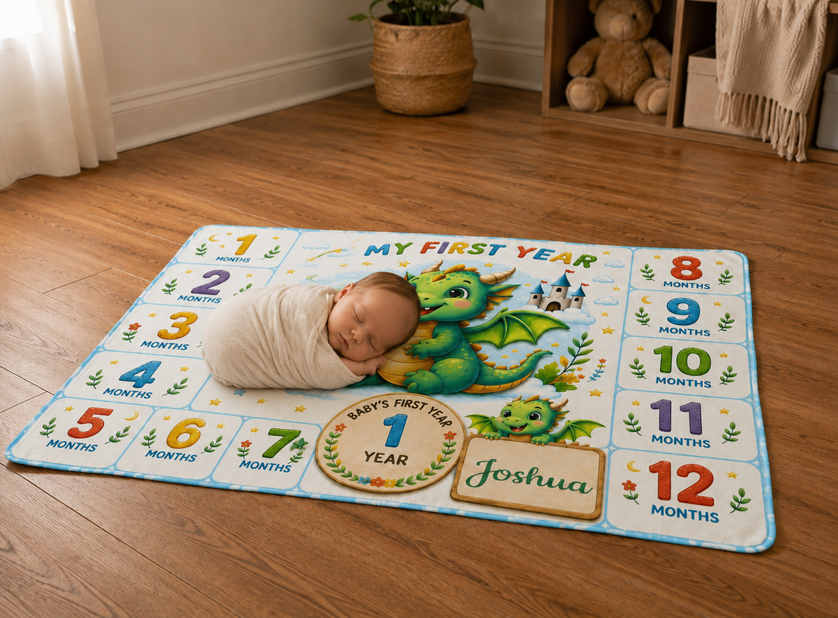 Personalized Dragon Baby Milestone Blanket with Name - My First Year Dragon and Castle Design with 12 Colourful Month Squares and Baby Name on Gold Scroll Banner