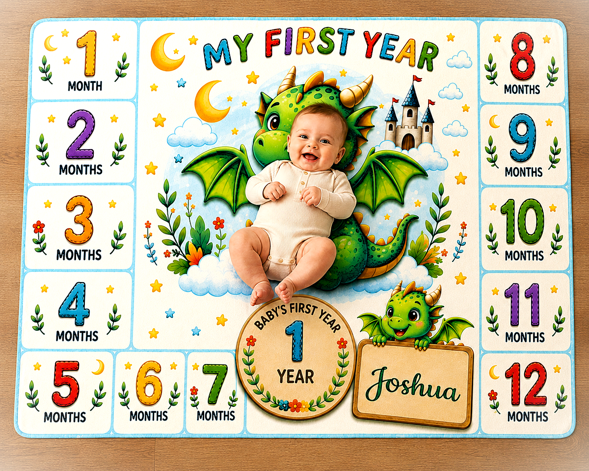 Personalized Dragon Baby Milestone Blanket with Name - My First Year Dragon and Castle Design with 12 Colourful Month Squares and Baby Name on Gold Scroll Banner