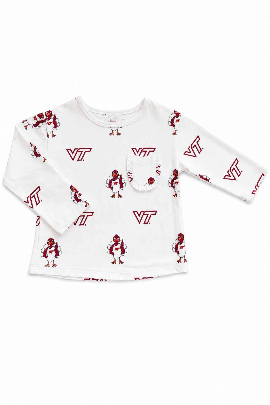 Virginia Tech White Hokie L/S Ruffle Pocket Tee