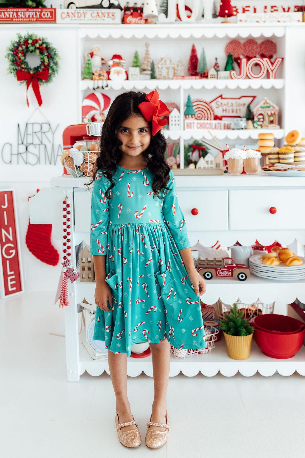 Christmas Candy 3/4 Sleeve Pocket Twirl Dress - Image 2