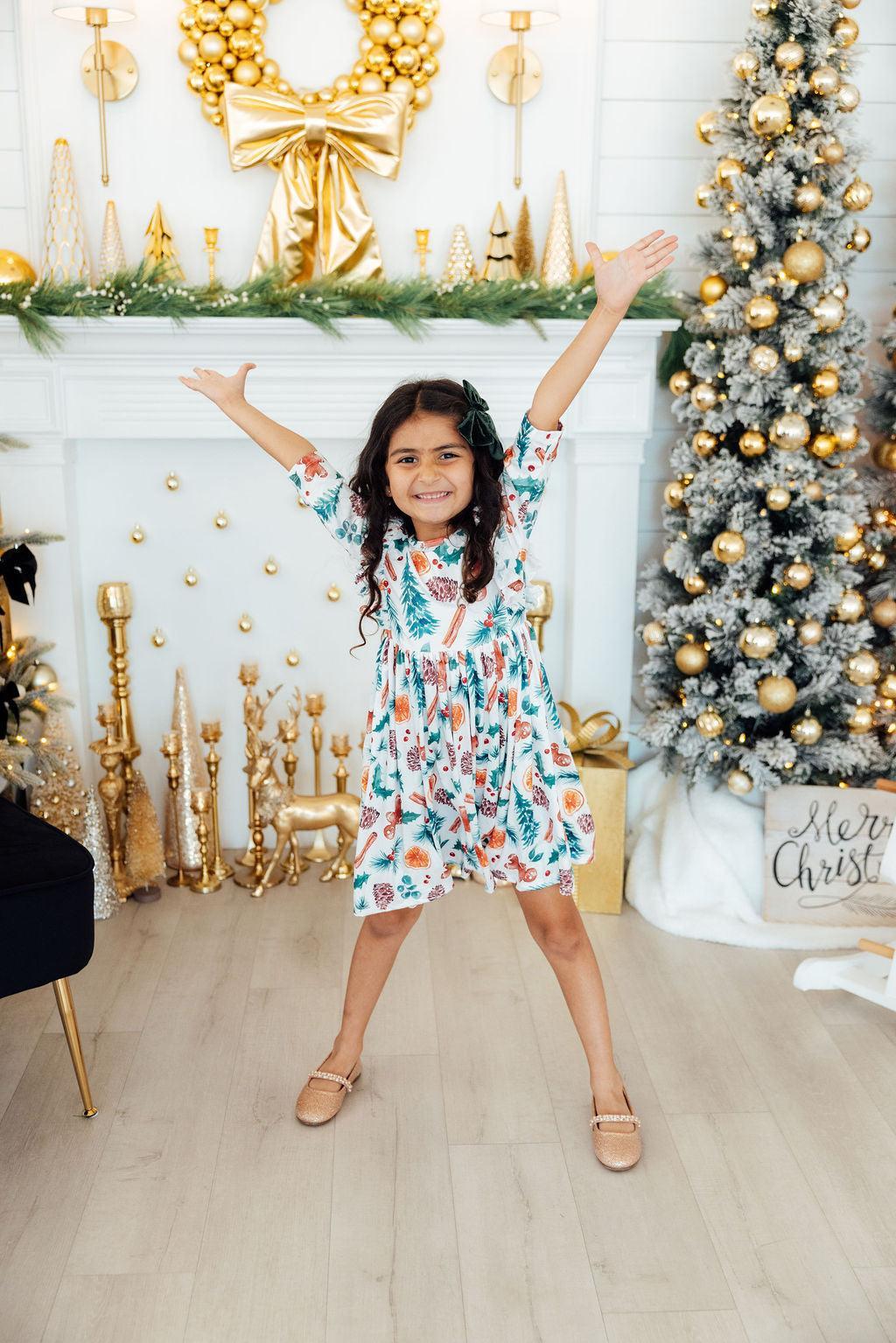 Classic Christmas 3/4 Sleeve Ruffle Twirl Dress - Image 2
