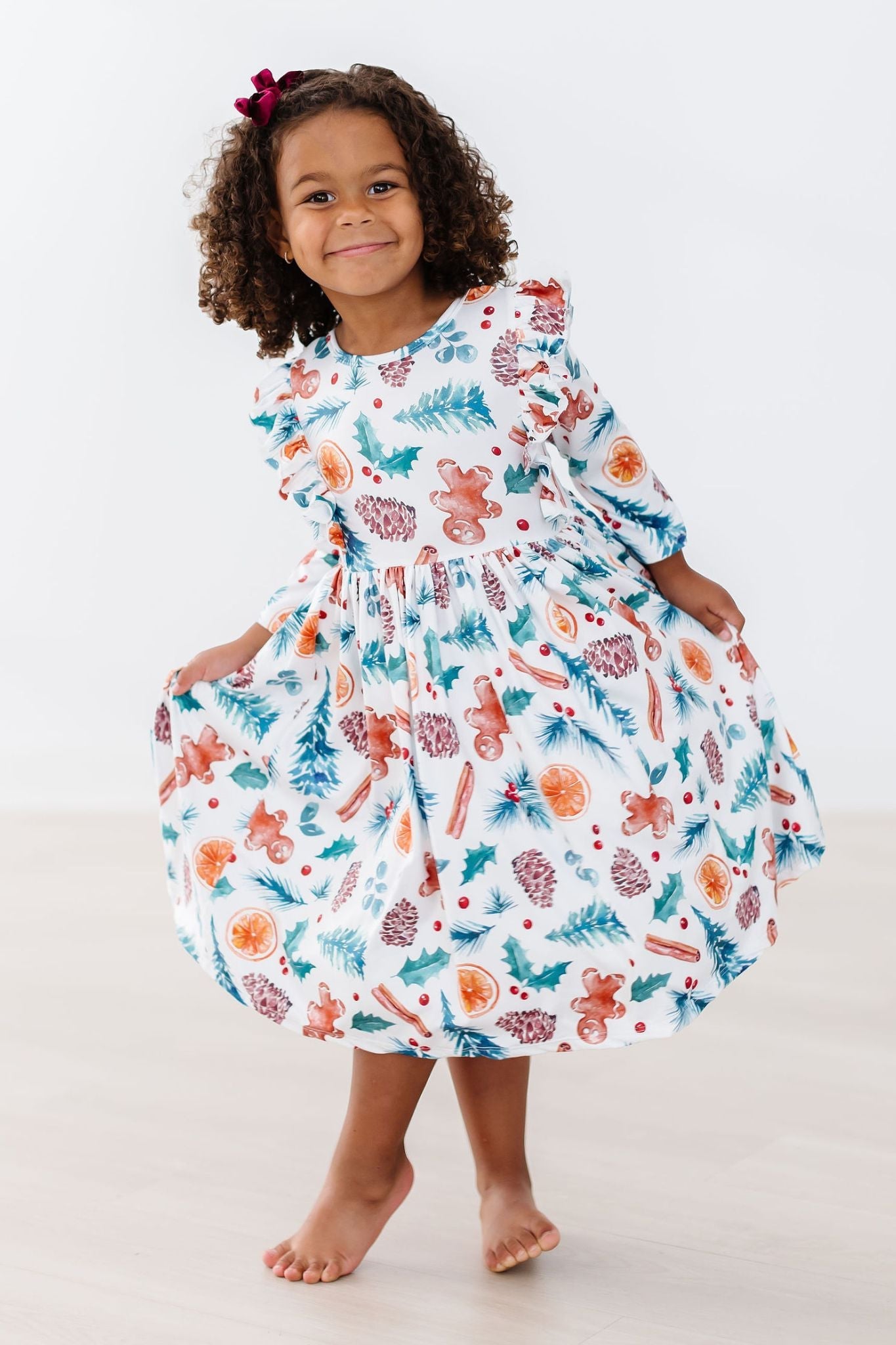 Classic Christmas 3/4 Sleeve Ruffle Twirl Dress - Image 5