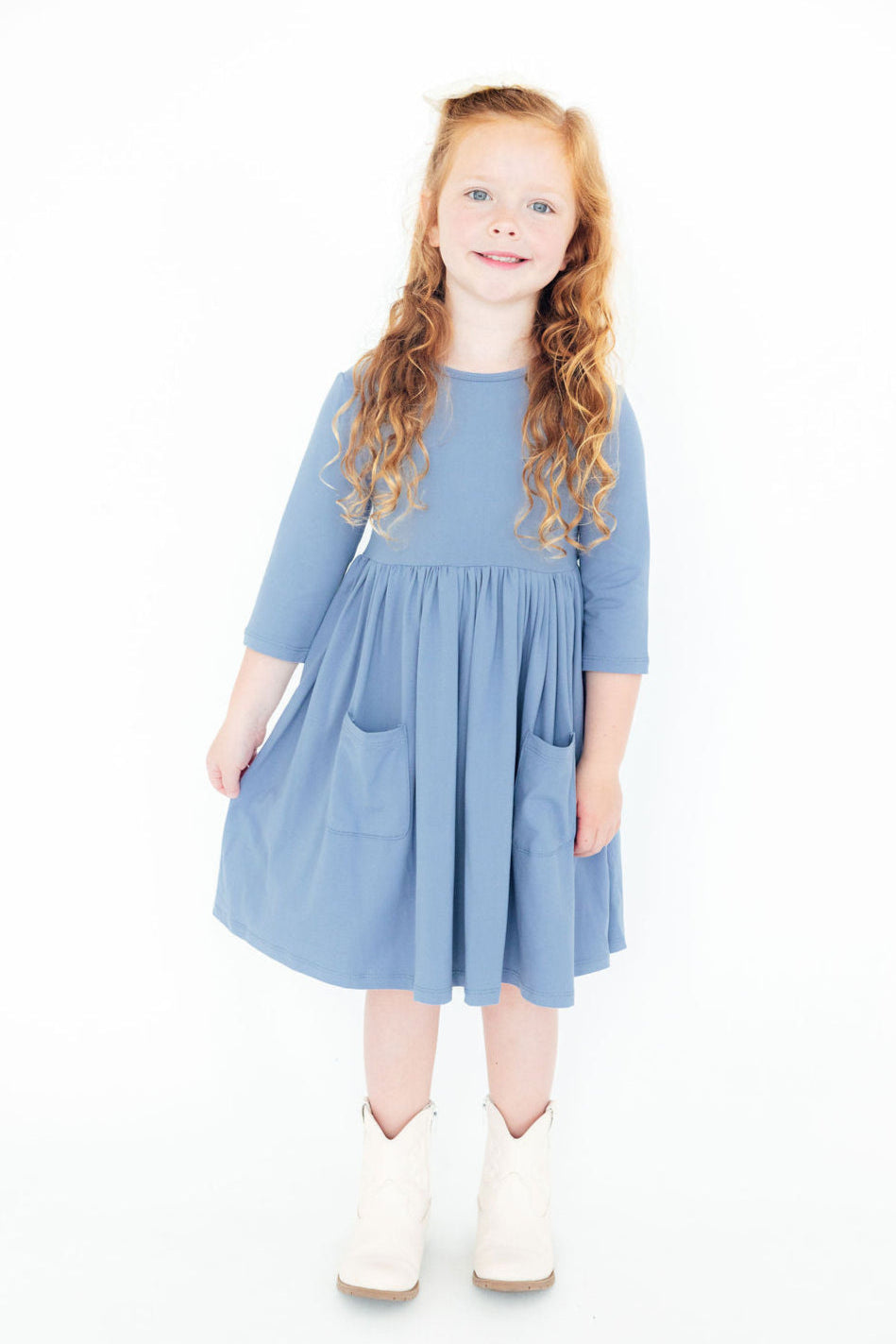 Dusty Blue 3/4 Sleeve Pocket Twirl Dress - Image 2