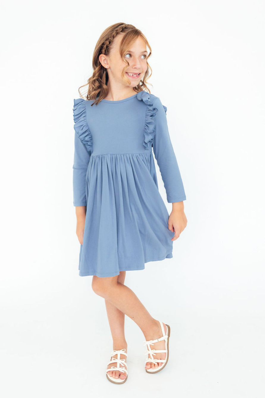 Dusty Blue L/S Ruffle Twirl Dress - Image 2