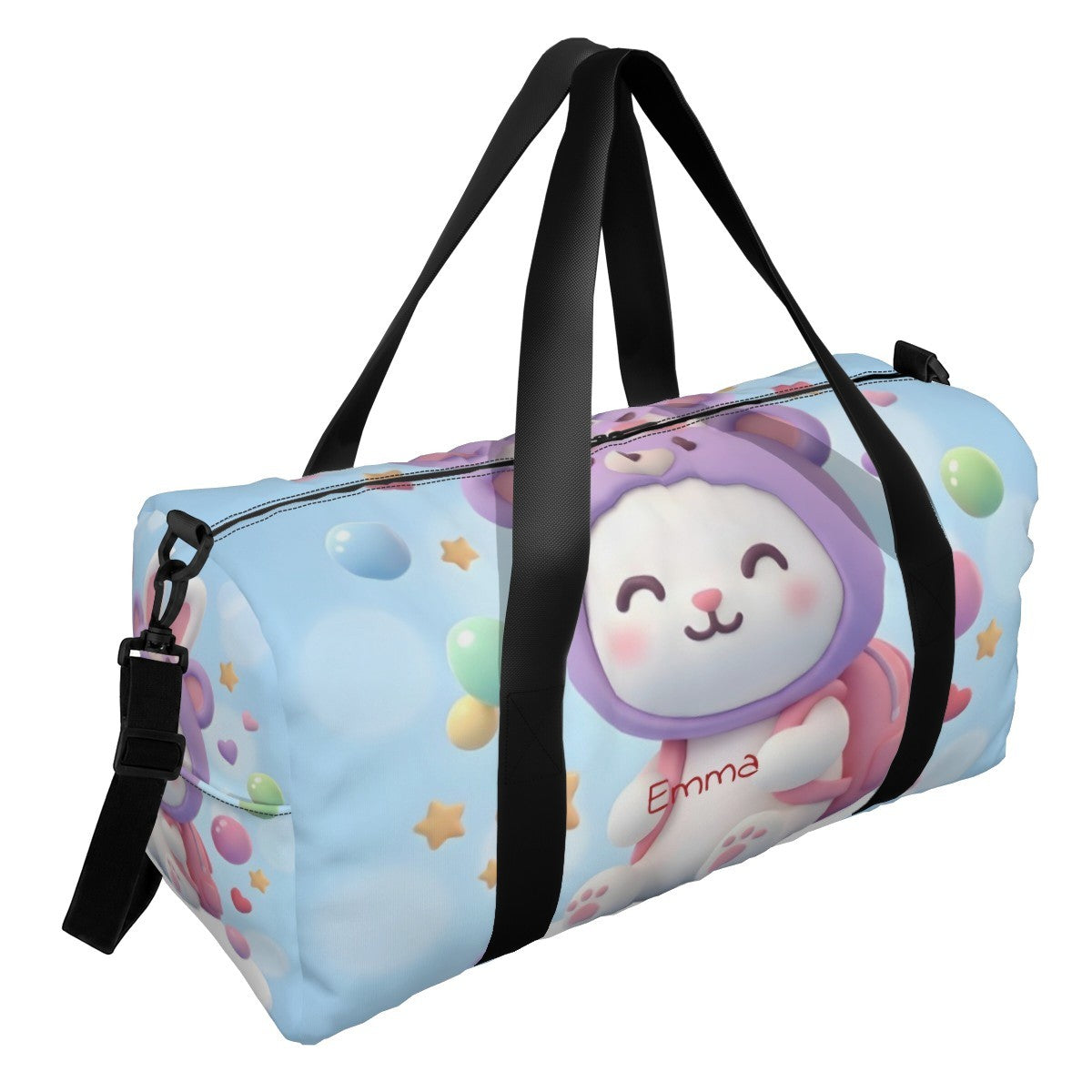 Personalized Kawaii Bunny Cat Duffel Bag with Custom Name – Pastel Travel, Gym & Weekend Bag