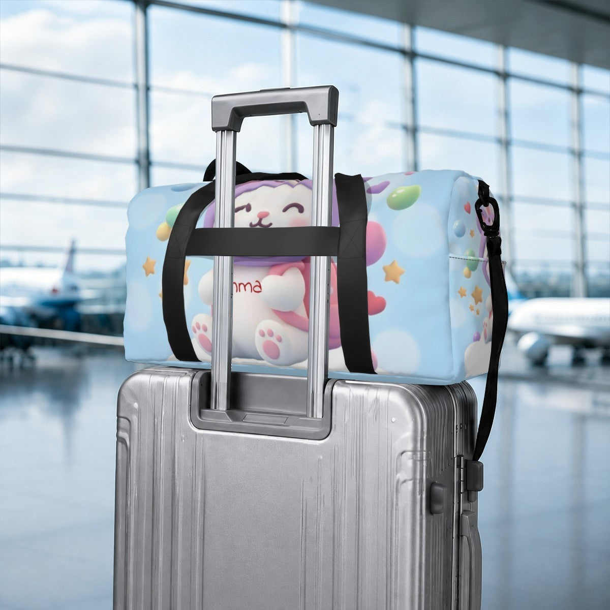 Personalized Kawaii Bunny Cat Duffel Bag with Custom Name – Pastel Travel, Gym & Weekend Bag