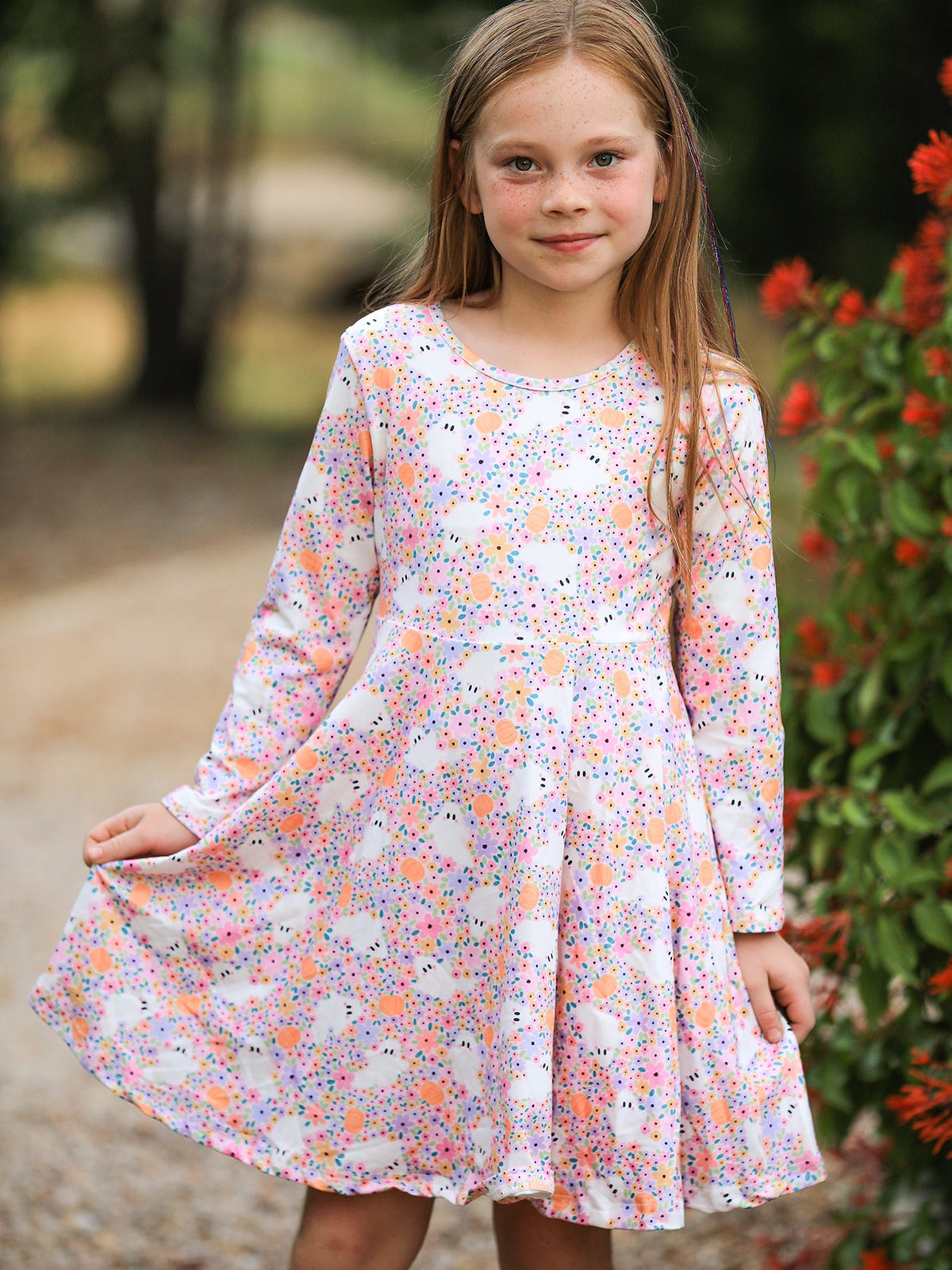 Rylee Faith Designs - Halloween Ghost Print Girls Twirl Dress Long Sleeve