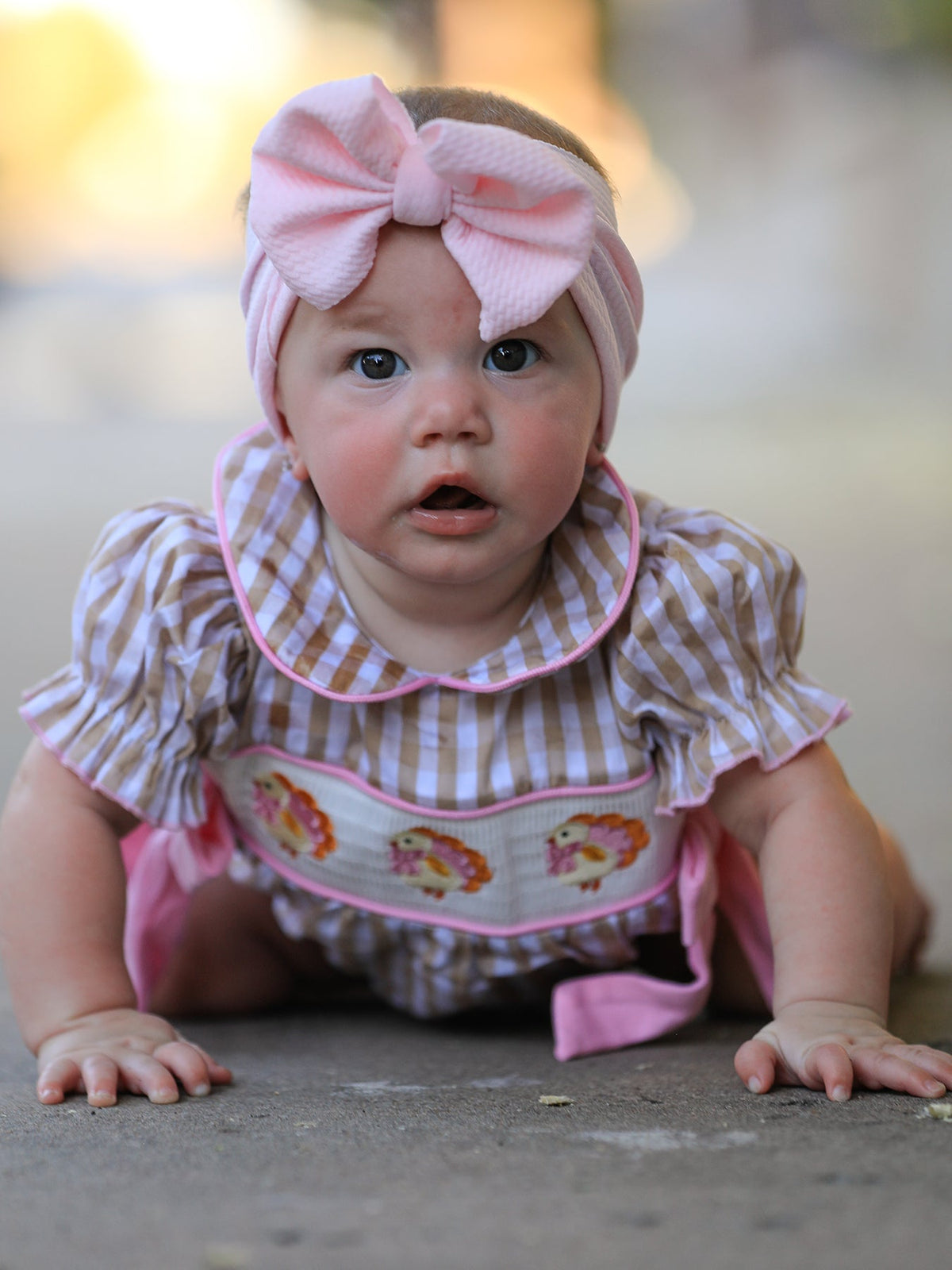 Rylee Faith Designs - Fall Thanksgiving Lapel Plaid Chick Embroidery Smocking Bow Baby Girls Romper