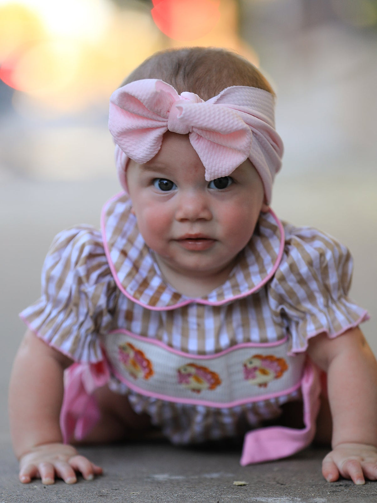 Rylee Faith Designs - Fall Thanksgiving Lapel Plaid Chick Embroidery Smocking Bow Baby Girls Romper - alternate view 2