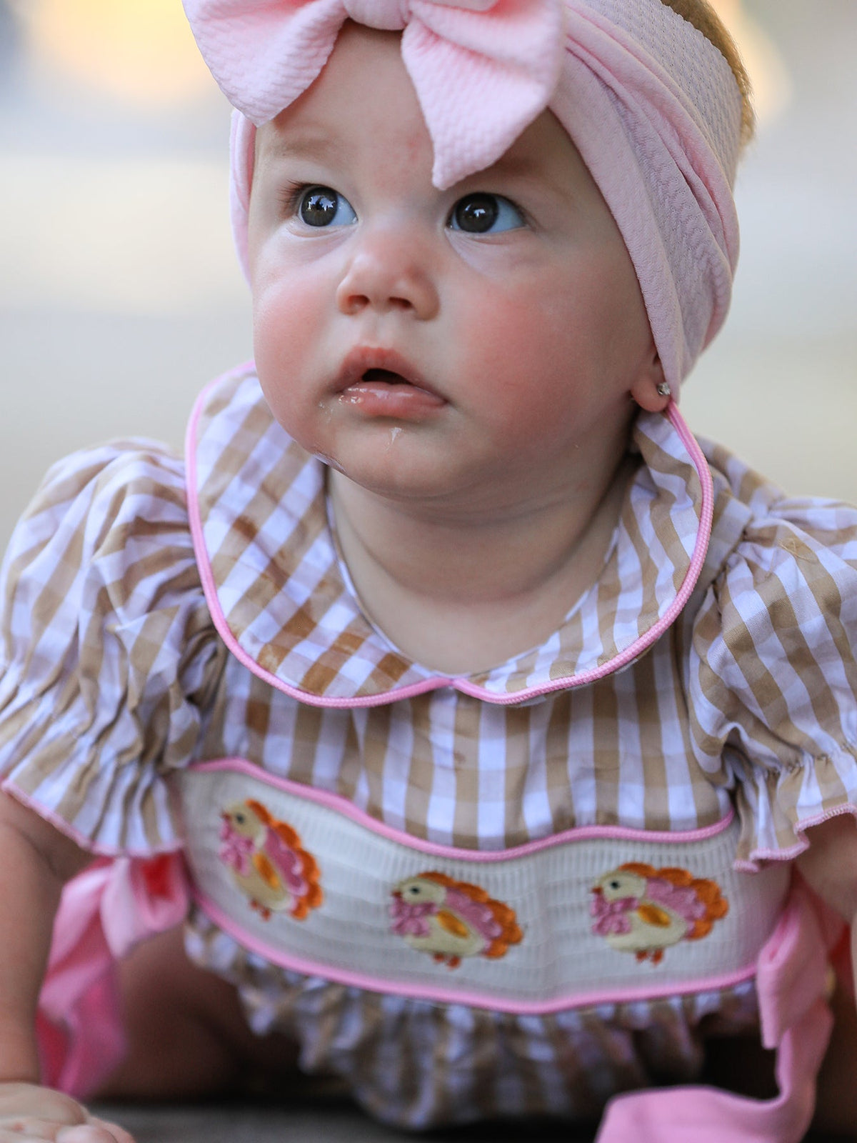 Rylee Faith Designs - Fall Thanksgiving Lapel Plaid Chick Embroidery Smocking Bow Baby Girls Romper - alternate view 3