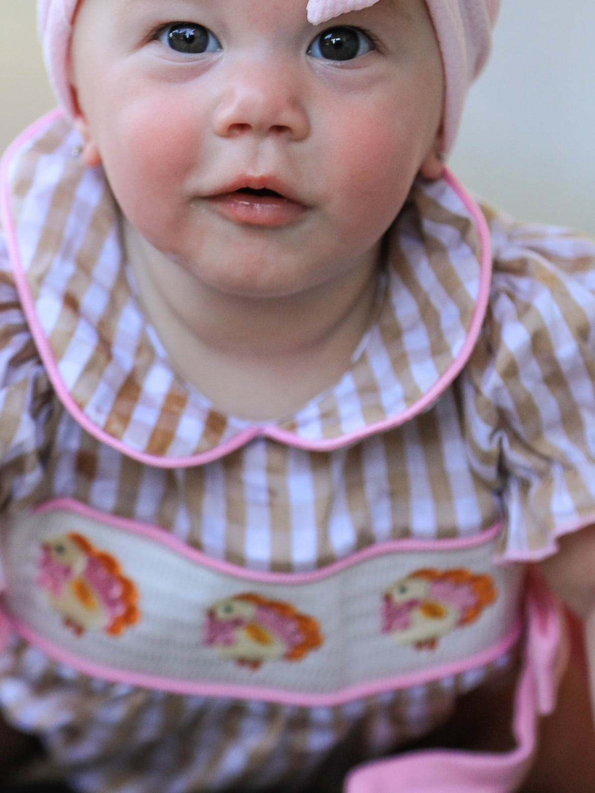 Rylee Faith Designs - Fall Thanksgiving Lapel Plaid Chick Embroidery Smocking Bow Baby Girls Romper - alternate view 4