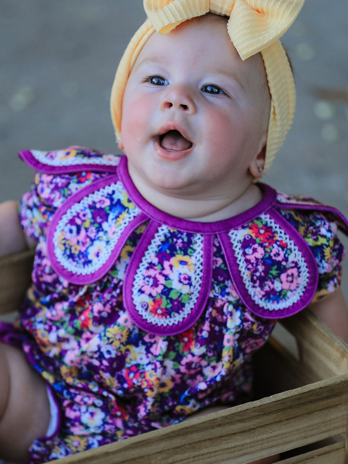 Rylee Faith Designs - Purple Floral Bow Petals Collar Girls Romper