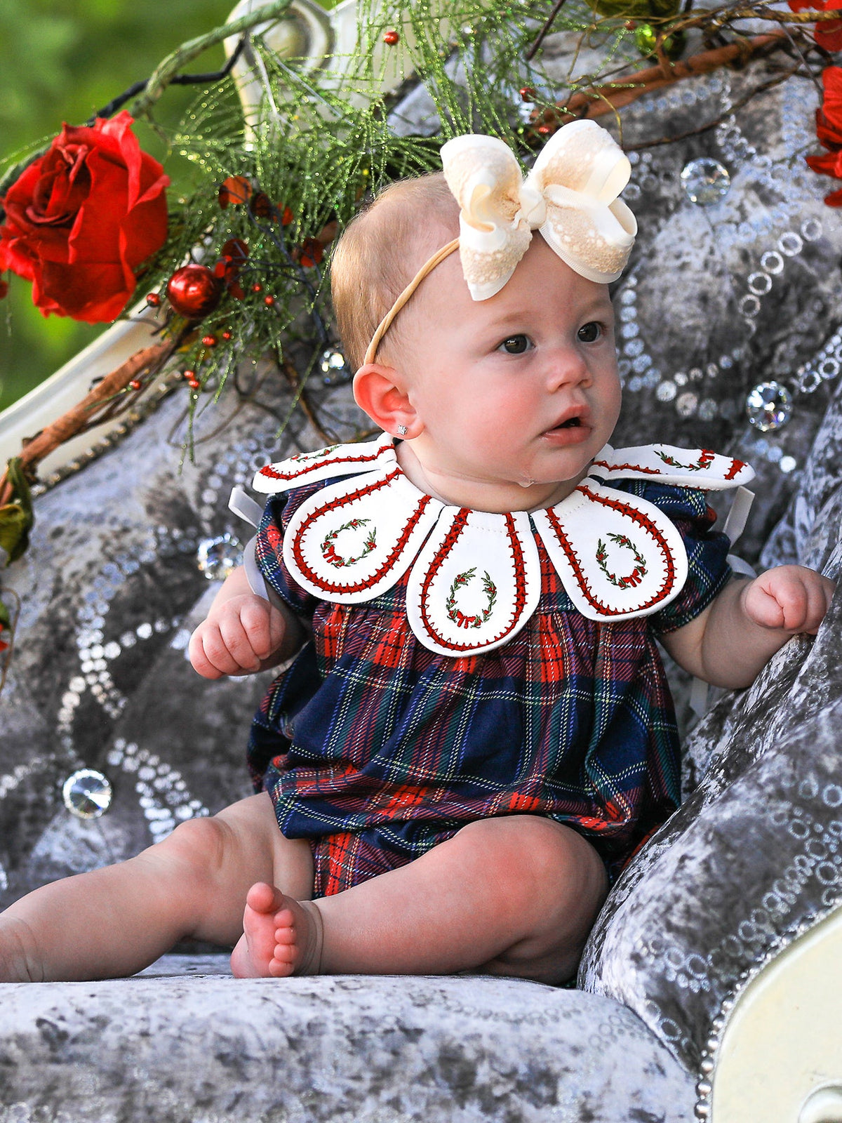 Rylee Faith Designs - Navy Red Christmas Plaid Wreath Baby Girl Bubble Romper - alternate view 3