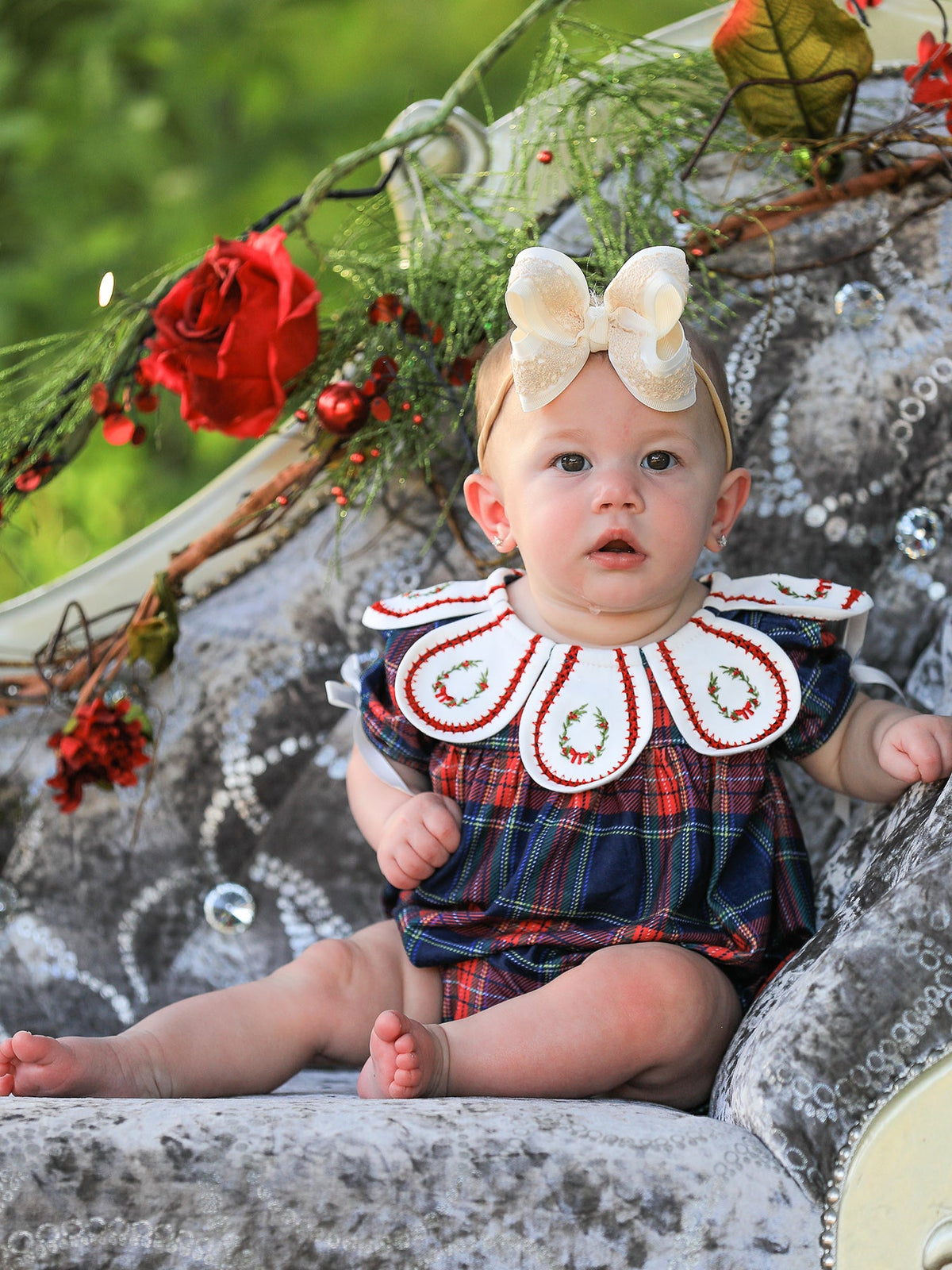 Rylee Faith Designs - Navy Red Christmas Plaid Wreath Baby Girl Bubble Romper - alternate view 2