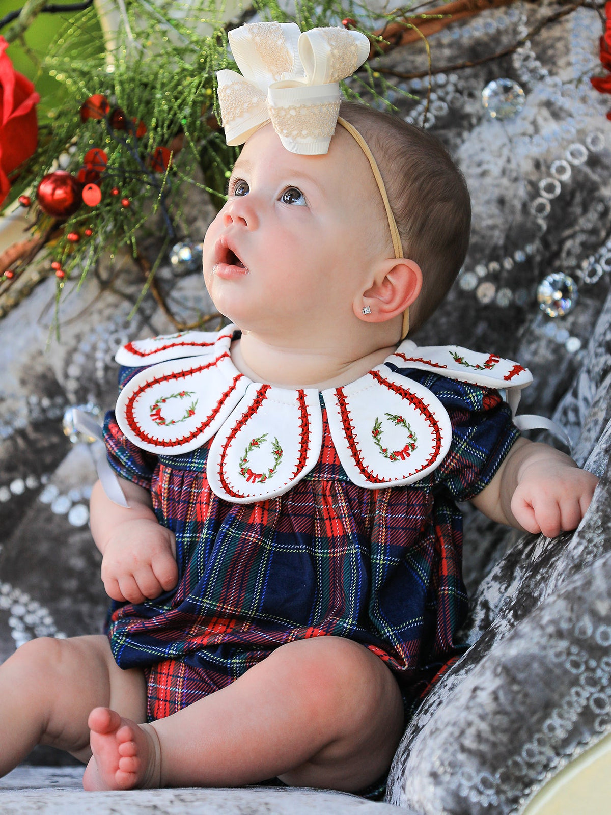 Rylee Faith Designs - Navy Red Christmas Plaid Wreath Baby Girl Bubble Romper