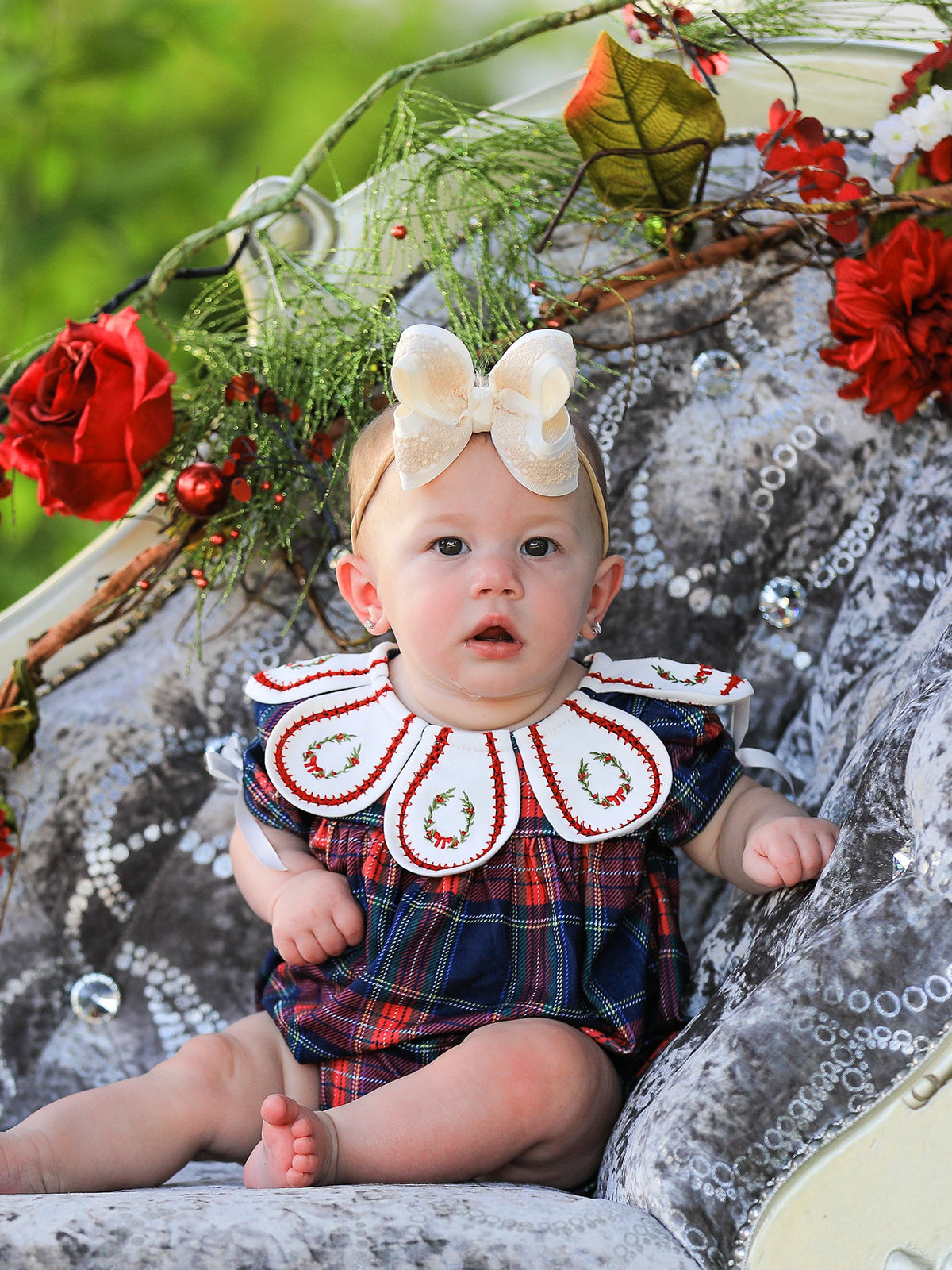 Rylee Faith Designs - Navy Red Christmas Plaid Wreath Baby Girl Bubble Romper - alternate view 4