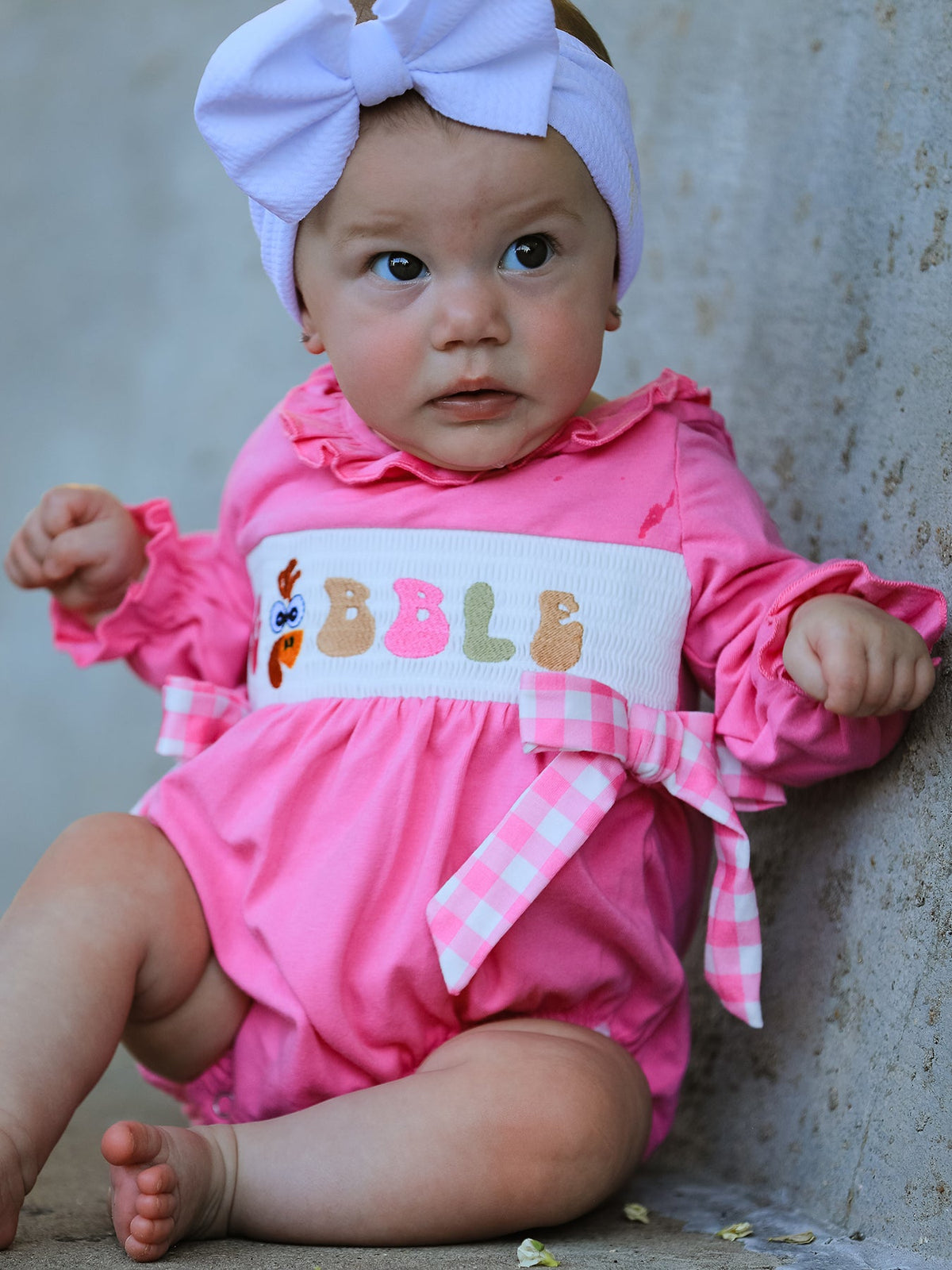 Rylee Faith Designs - Fall Thanksgiving& Halloween "GOBBLE" Smock Embroidery Baby Girl Romper - alternate view 3