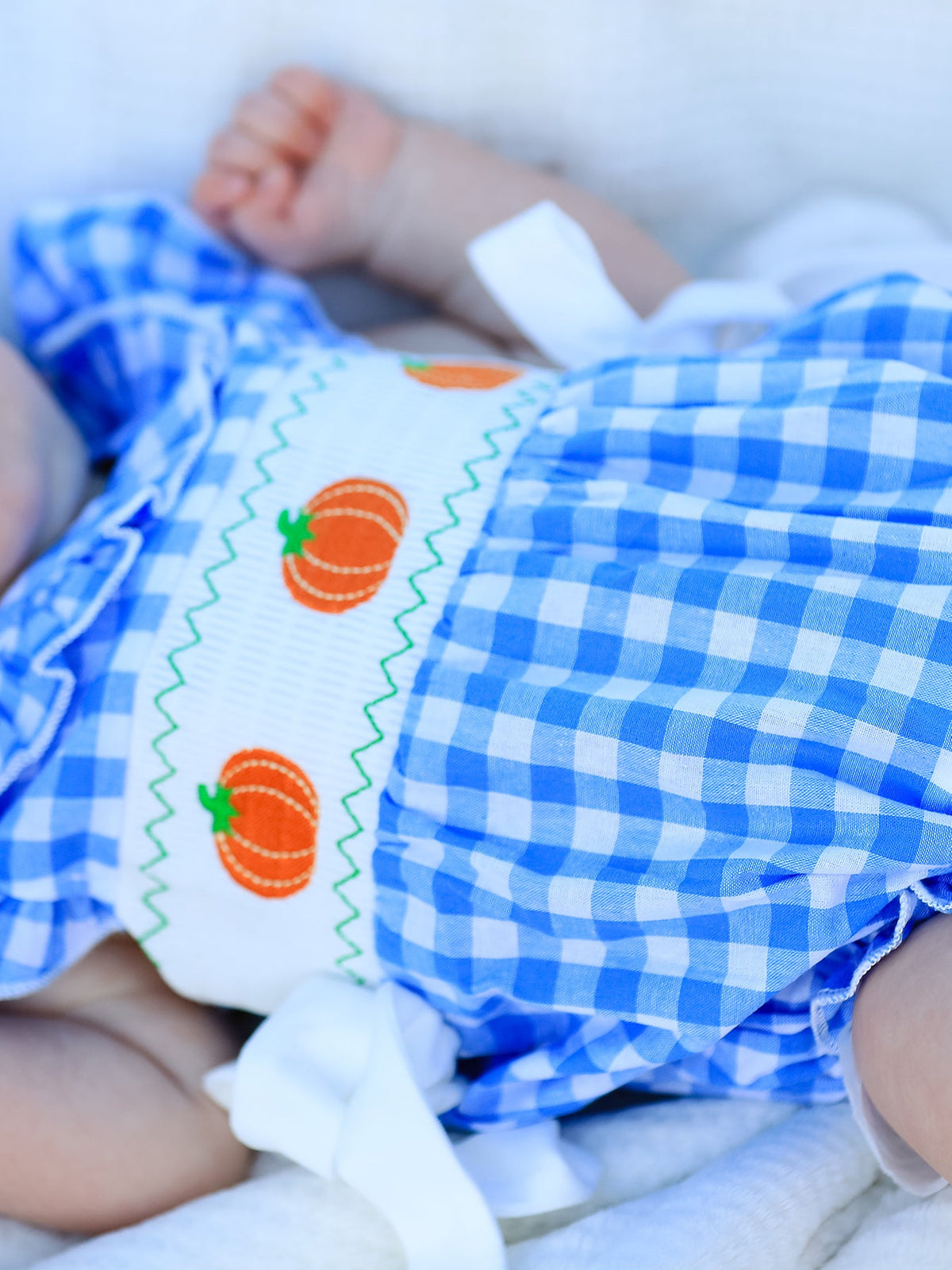 Rylee Faith Designs - Fall Thanksgiving& Halloween Blue Pumpkin Smock Embroidery Baby Girl Romper - alternate view 3
