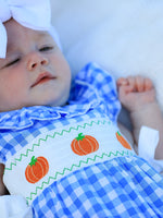 Rylee Faith Designs - Fall Thanksgiving& Halloween Blue Pumpkin Smock Embroidery Baby Girl Romper - alternate view 4