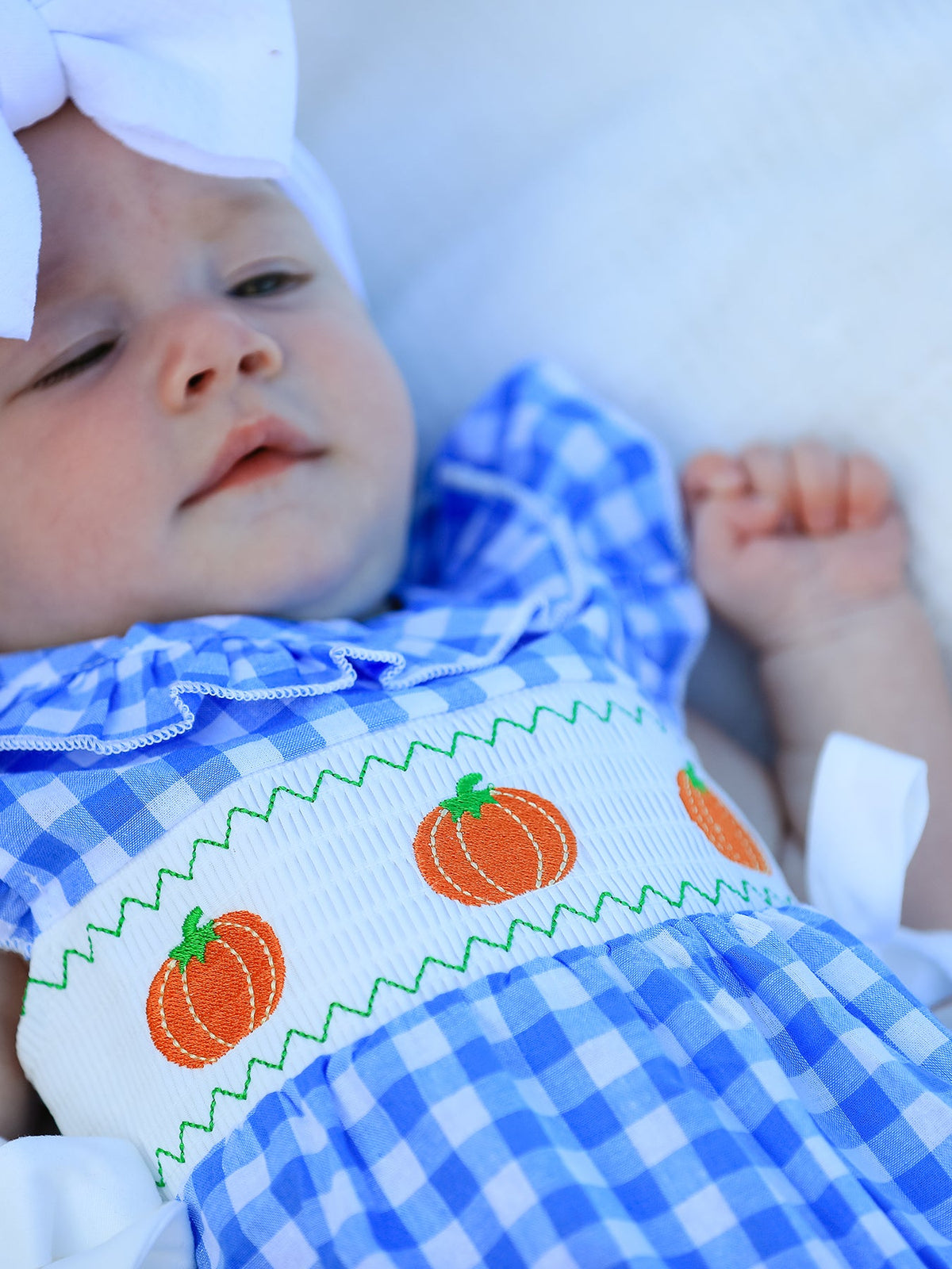 Rylee Faith Designs - Fall Thanksgiving& Halloween Blue Pumpkin Smock Embroidery Baby Girl Romper - alternate view 4