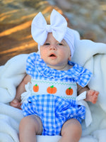Rylee Faith Designs - Fall Thanksgiving& Halloween Blue Pumpkin Smock Embroidery Baby Girl Romper - alternate view 2