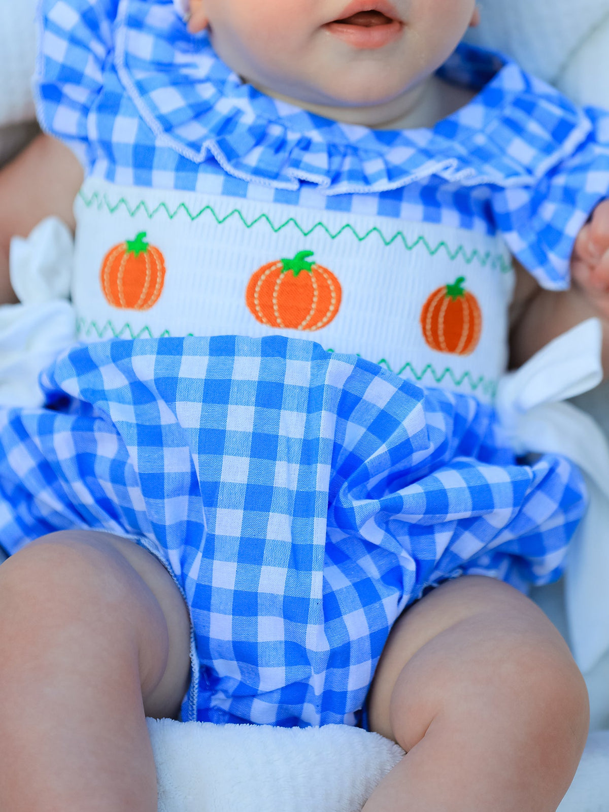 Rylee Faith Designs - Fall Thanksgiving& Halloween Blue Pumpkin Smock Embroidery Baby Girl Romper - alternate view 5