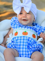 Rylee Faith Designs - Fall Thanksgiving& Halloween Blue Pumpkin Smock Embroidery Baby Girl Romper