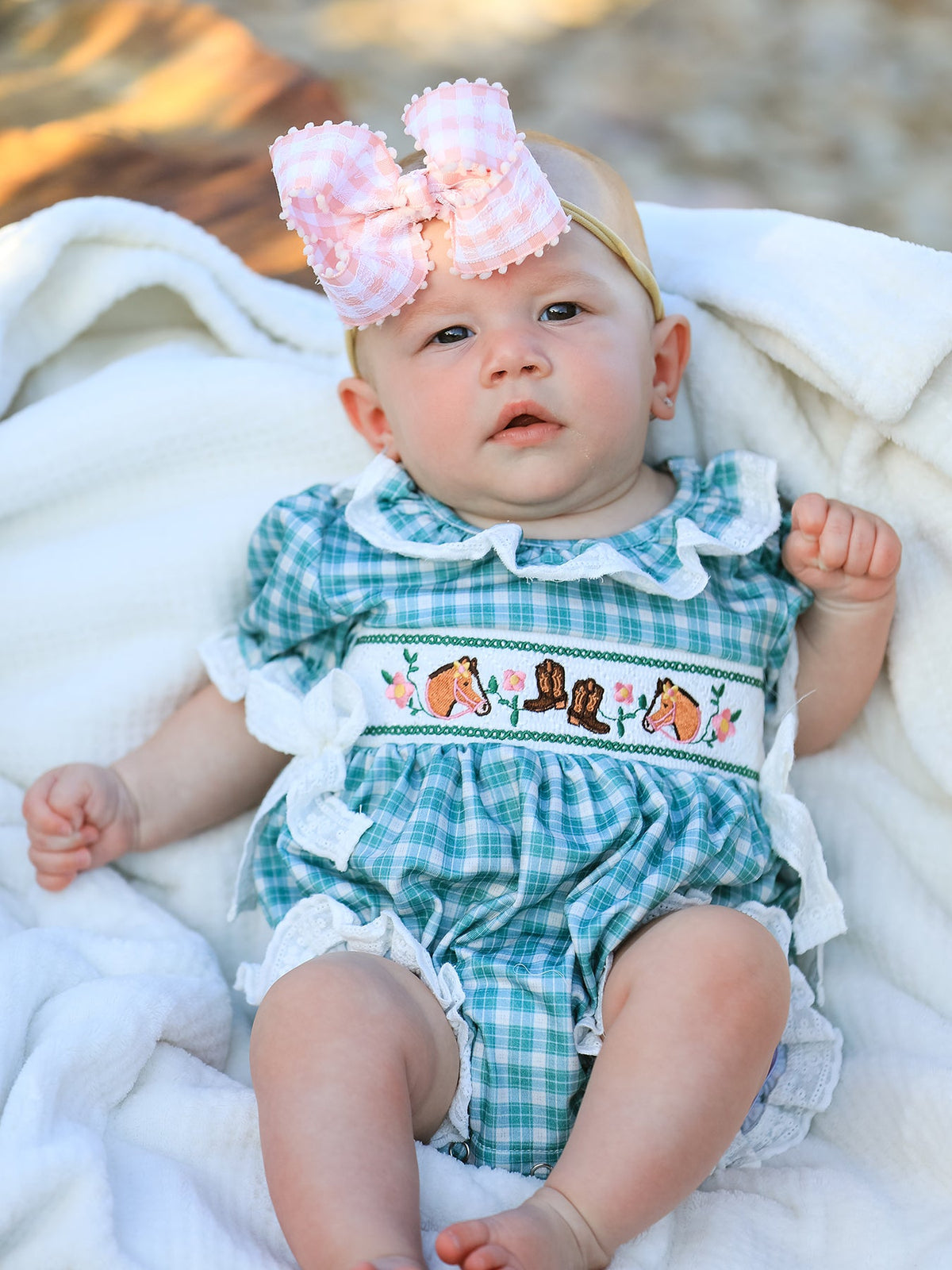 Rylee Faith Designs - Western Plaid Horse Embroidered Girl Bubble Romper