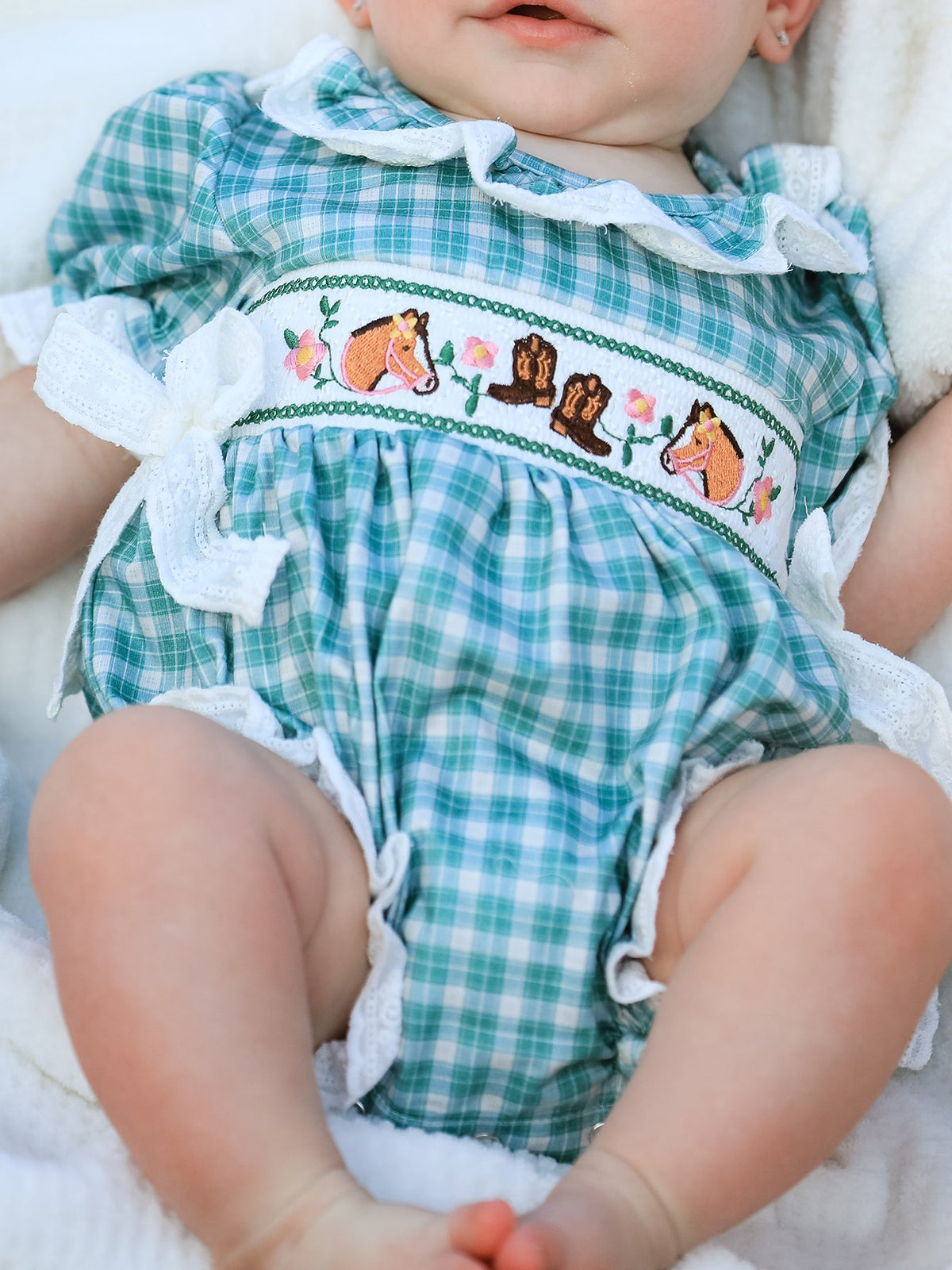 Rylee Faith Designs - Western Plaid Horse Embroidered Girl Bubble Romper - alternate view 2